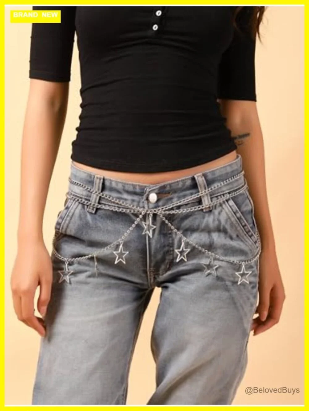 Silver-Tone Star Waist Chain Belt Goth Y2K Body Jewelry